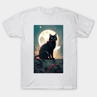 Black yule Cat at night 9 T-Shirt